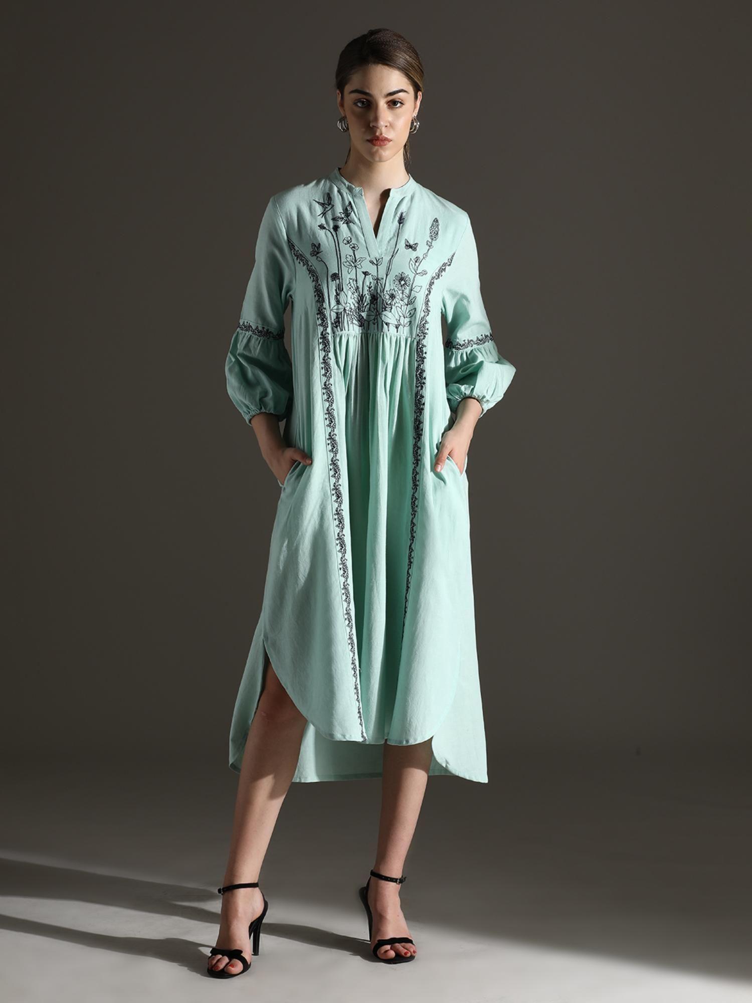 high low linen embroidered midi dress - aqua