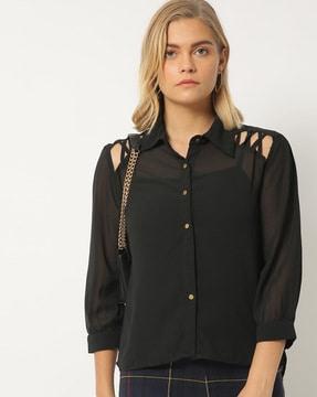 high-low sheer shirt top with cutouts