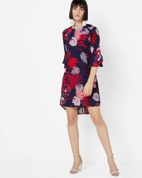 high-low shift dress with bell sleeves