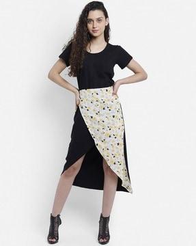 high-low shift dress with printed panel