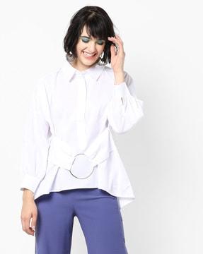 high-low shirt top with drop-shoulder sleeves
