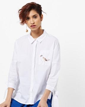 high-low shirt with embroidered patch pocket