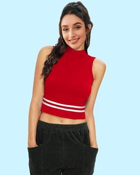 high-neck fitted crop top
