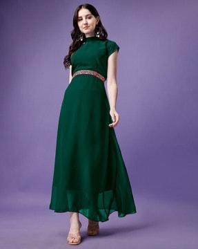 high-neck gown dress with cap sleeves