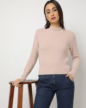 high-neck pullover with ribbed hem