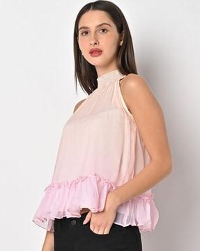 high-neck top with ruffle accent