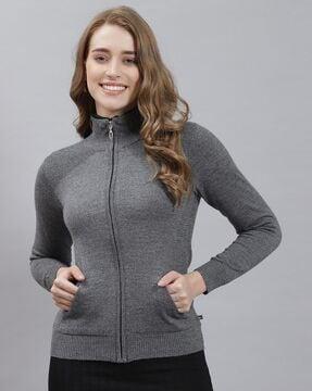 high-neck zip-front cardigan with ribbed hem
