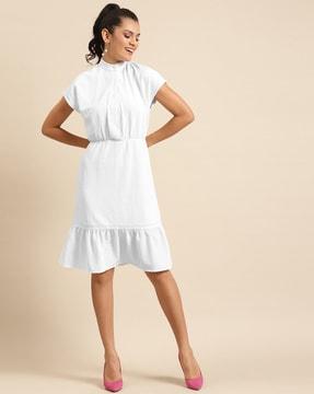high-neck a-line dress with ruffled detail