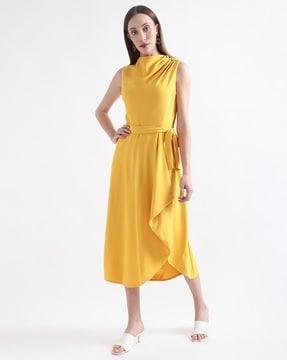 high-neck a-line dress with waist tie-up