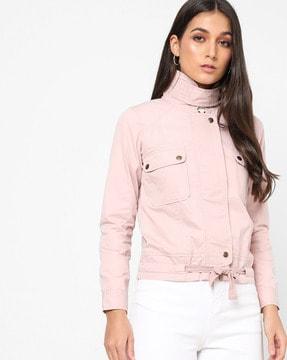 high-neck biker jacket with buttoned flap pockets