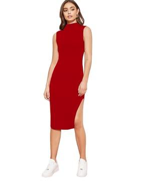 high-neck bodycon dress with slit