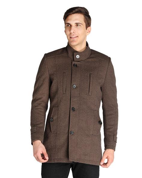 high-neck coat with welt pockets