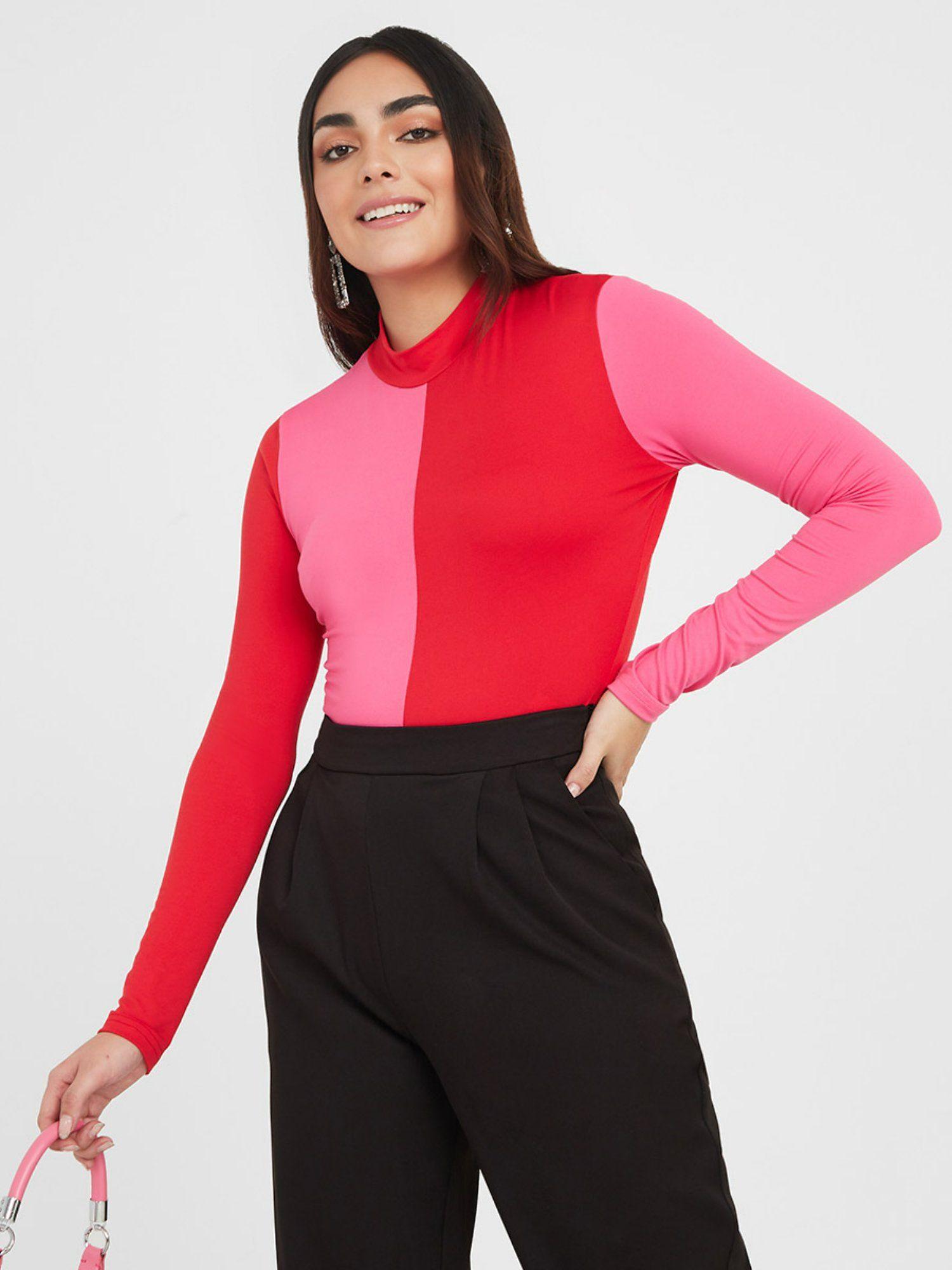 high neck colorblock knit fitted bodysuit