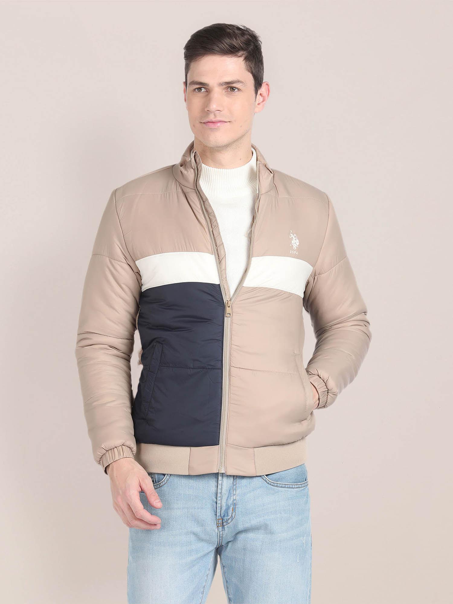 high neck colour block jacket