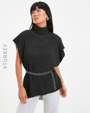 high-neck colourblock top with side cutouts