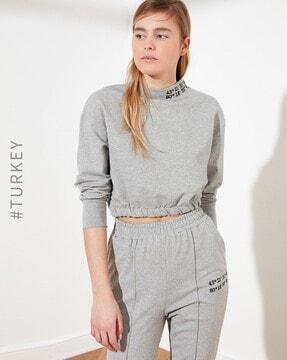 high-neck crop sweatshirt with elasticated hemline