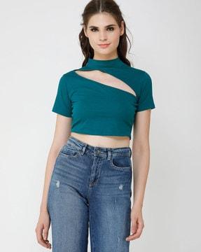 high-neck crop top with cut-outs