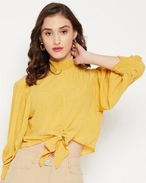 high-neck crop top with front knot