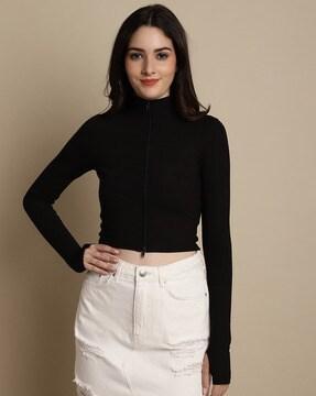 high-neck full-sleeve crop top