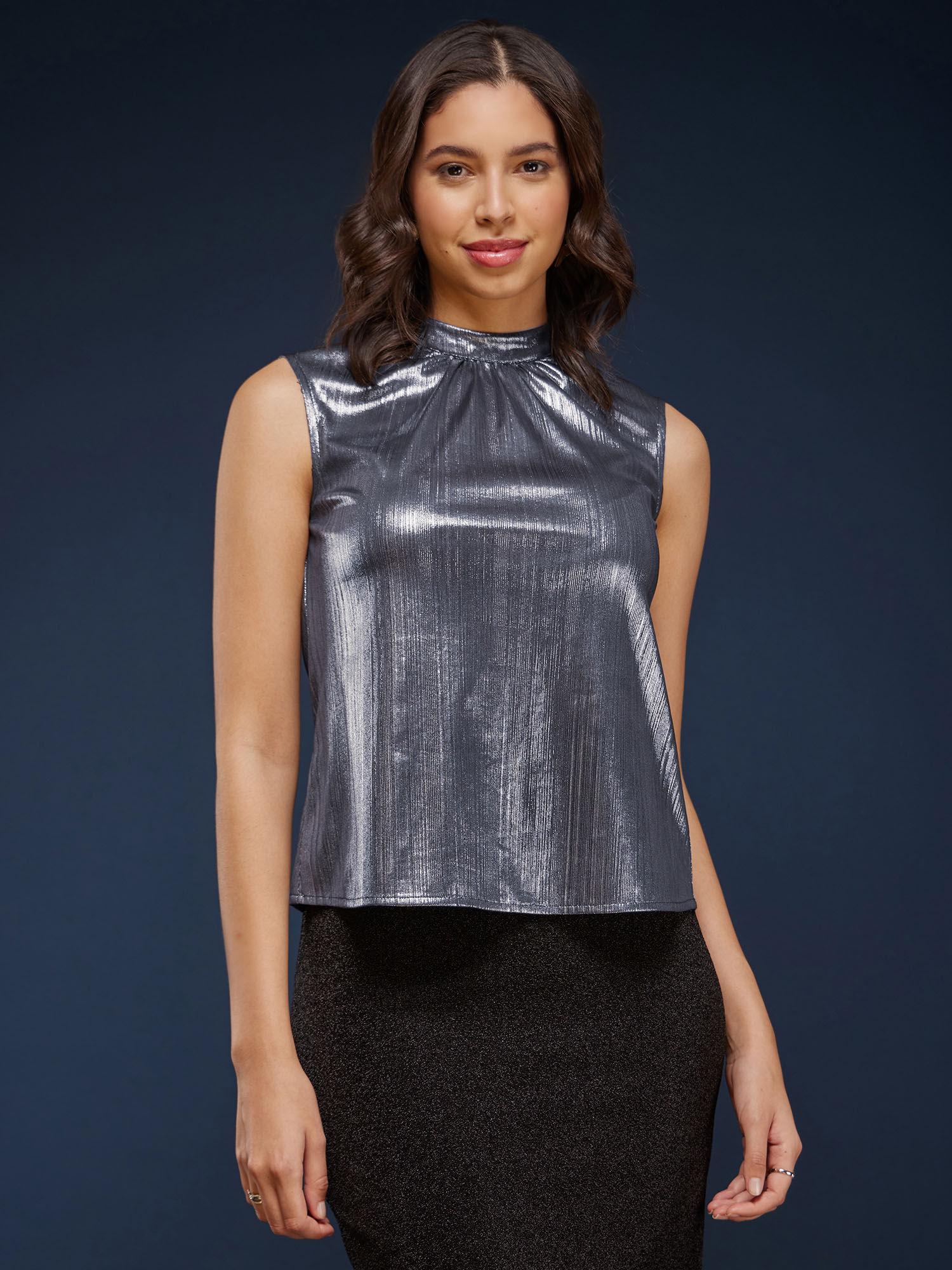 high neck gather detail top - silver