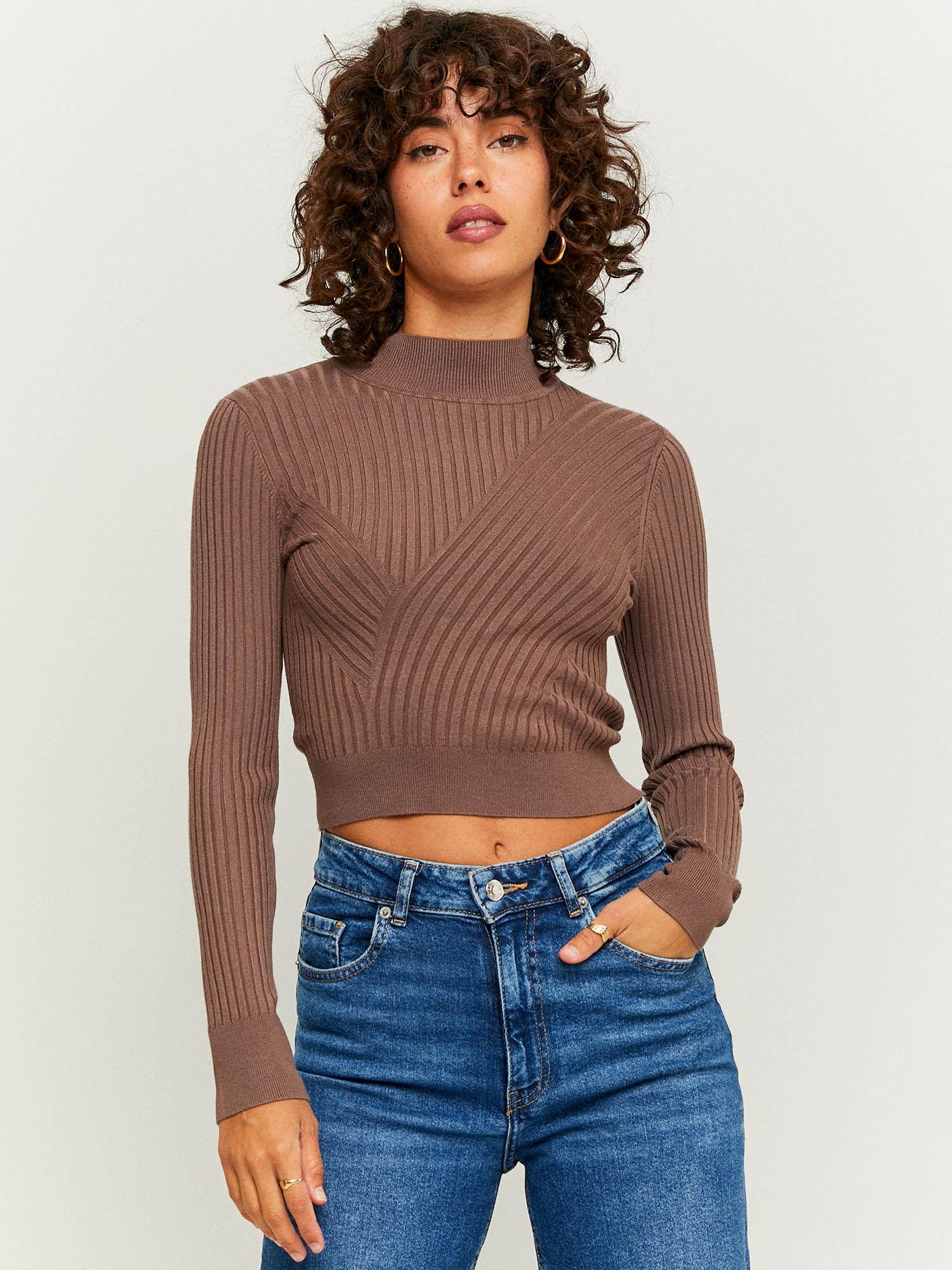 high-neck knitted patterned pullover in taupe