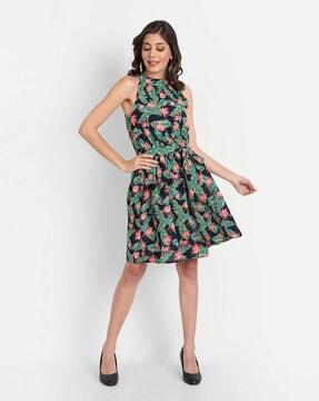 high-neck leaf print a-line dress