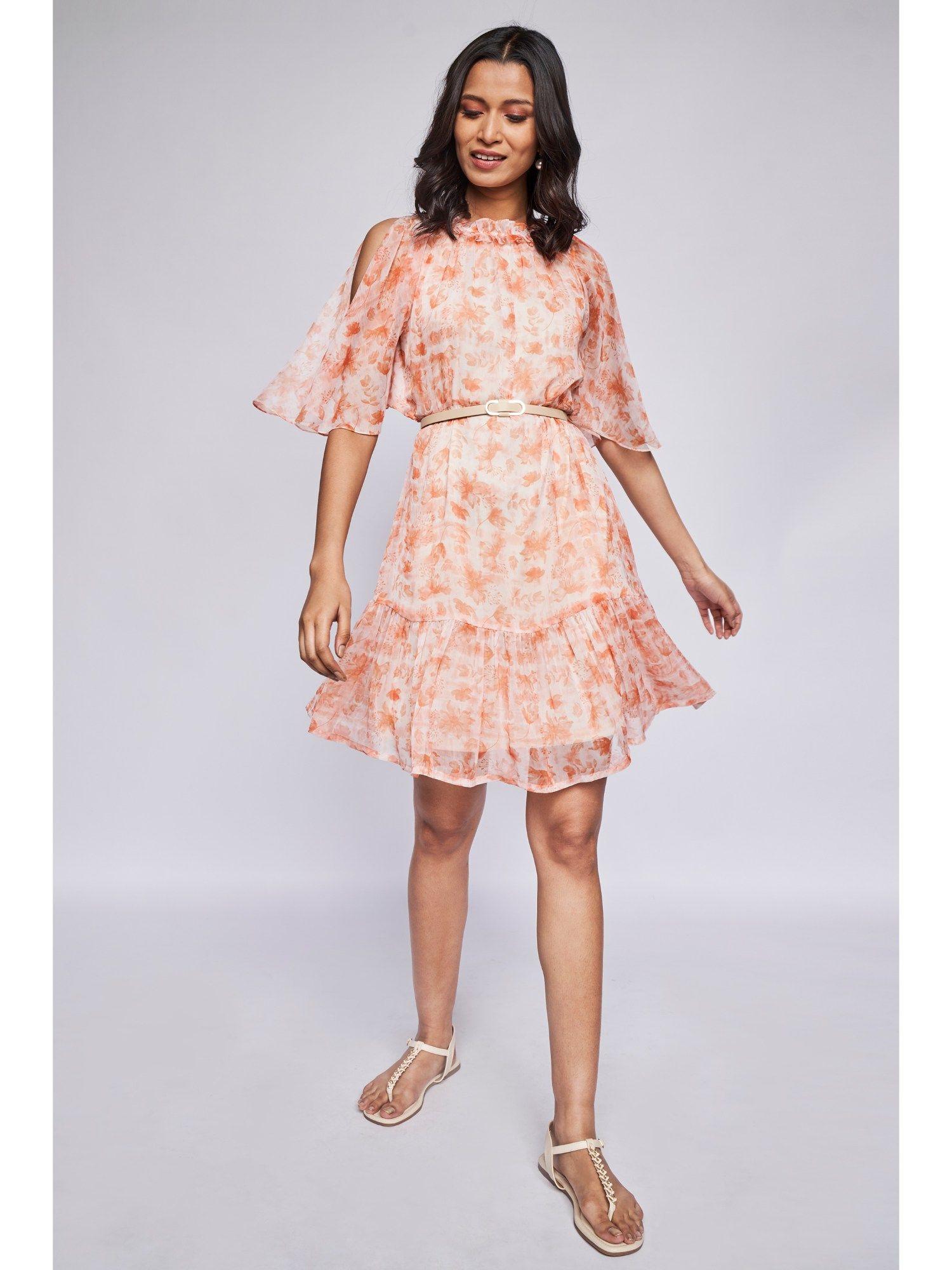 high neck orange floral flared knee length dress