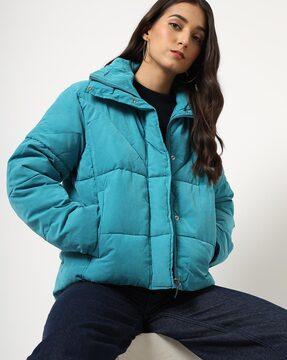 high-neck puffer jacket with slip pockets