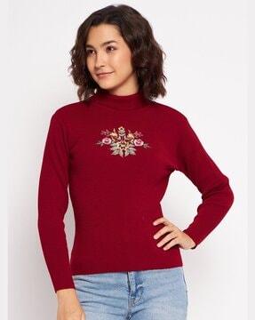 high-neck pullover sweater with full sleeves