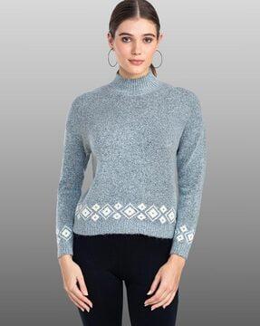 high-neck pullover sweater with ribbed sleeves