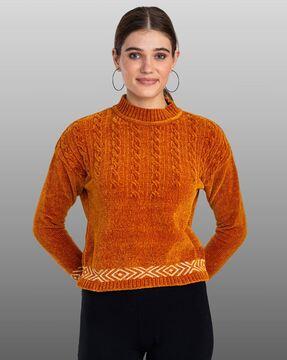 high-neck pullover sweater with ribbed sleeves