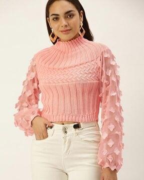 high-neck pullover sweatshirt with floral raglan sleeve