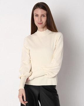 high-neck pullover with bishop sleeves
