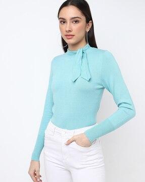 high-neck pullover with bow accent