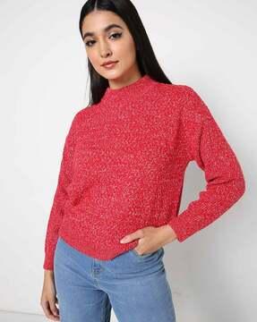 high-neck pullover with cuffed sleeves