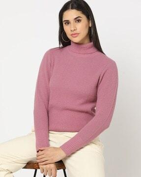 high-neck pullover with ribbed hem