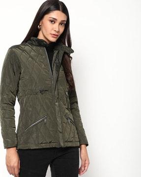 high-neck quilted jacket with hood