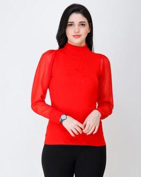 high-neck ribbed sleeves top