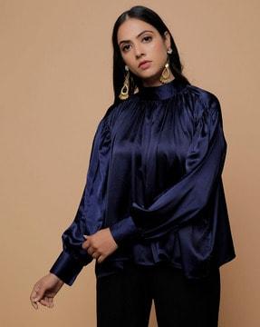 high-neck satin top with puff sleeves