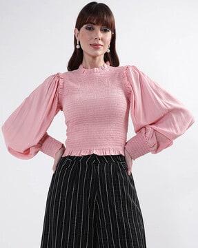 high-neck smocked top