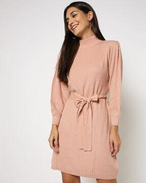 high-neck sweater dress with waist tie-up