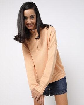 high-neck sweater with half zip