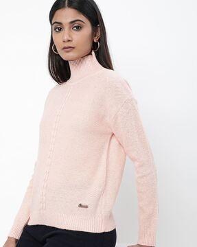 high-neck sweater with ribbed hem
