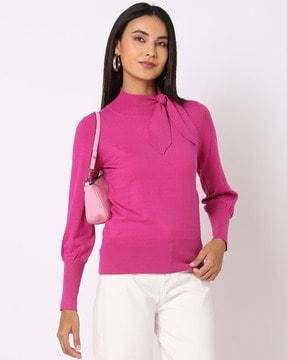 high-neck tie-up pullover