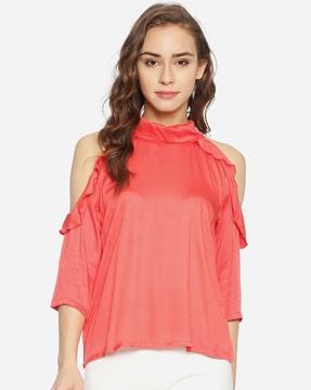 high-neck top with cold-shoulder sleeves