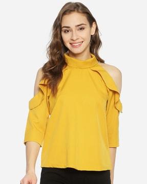 high-neck top with cold-shoulder sleeves