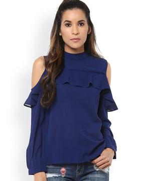 high-neck top with cutout sleeves & ruffles