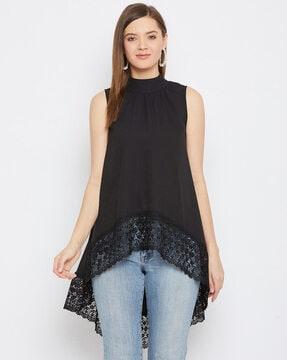 high-neck top with high-low hemline