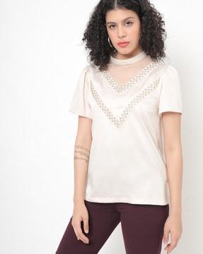 high-neck top with lace insert