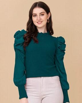 high-neck top with leg-o-mutton sleeves